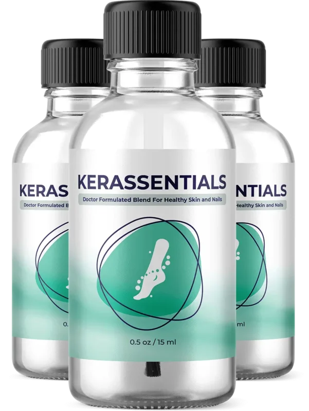 Kerassentials nail health solution bottle with natural ingredients, designed to treat fungal infections and promote strong, healthy nails.