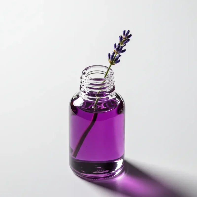 Tea Tree Oil bottle next to healthy nails showing the effects of natural nail fungus treatment.