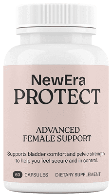 Bottle of NewEra Protect Advanced Female Support dietary supplement. The label indicates it supports bladder comfort and pelvic strength, helping users feel secure and in control. Contains 60 capsules.