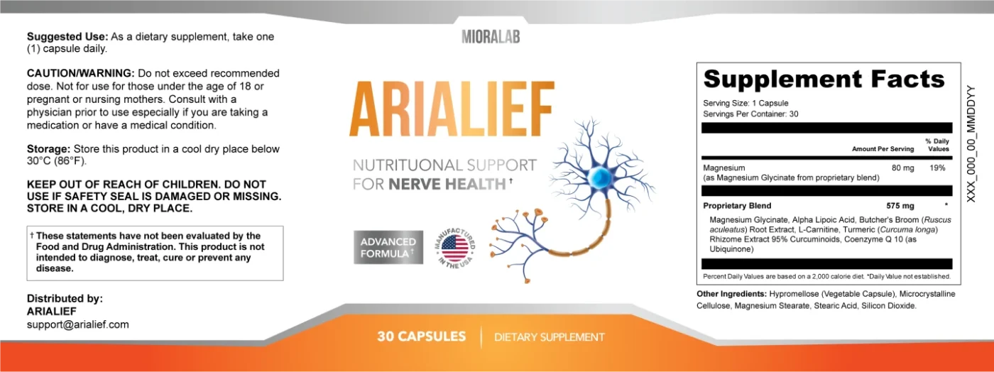 Arialief nerve support supplement label with ingredients and usage instructions