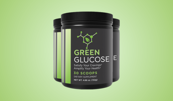 Green Glucose dietary supplement jar with 30 scoops, designed to support cravings control and boost health.