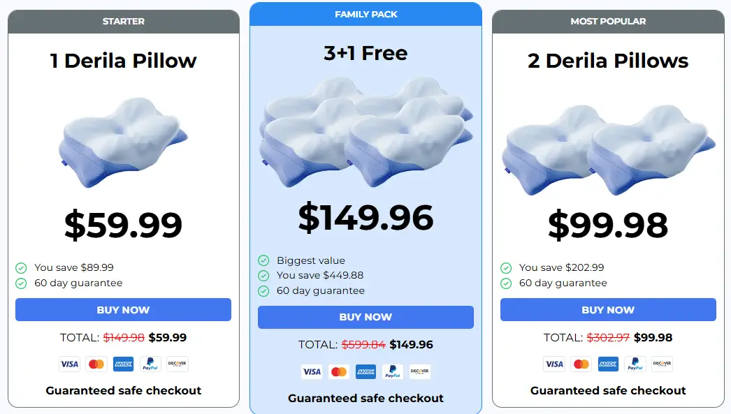 Pricing options for derila ergo pillow showing three packages: one pillow for $59.99, two pillows for $99.98, and a 3+1 free bundle for $149.96.
